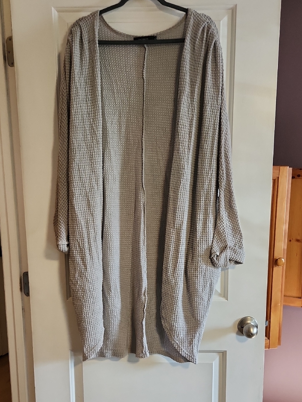 Open-Front Waffle Knit Duster Cardigan - Light Grey